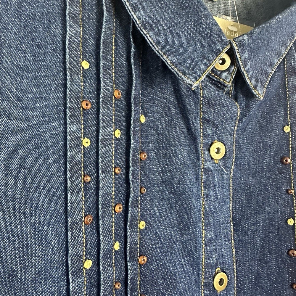 Vintage Teddi Womens Denim Button Up Shirt 2X Blue Beaded Pleated Western Boho - Picture 4 of 9